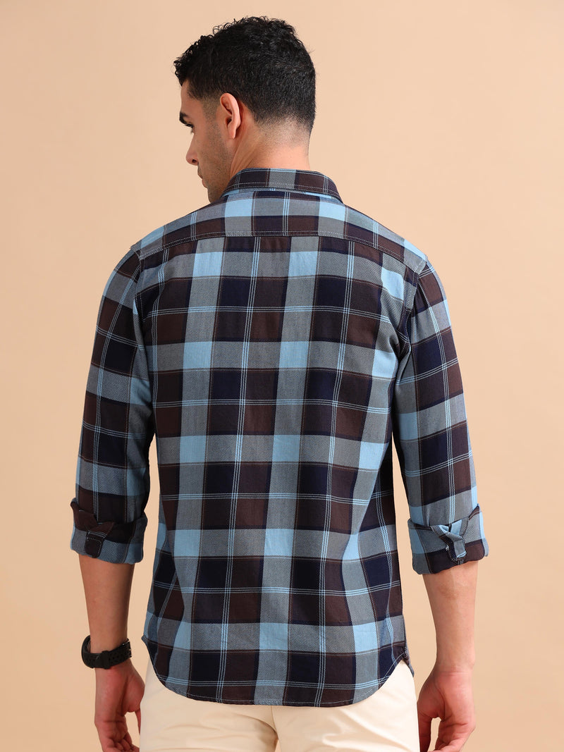 Men Blue Slim Fit Checks Full Sleeve Casual Shirt