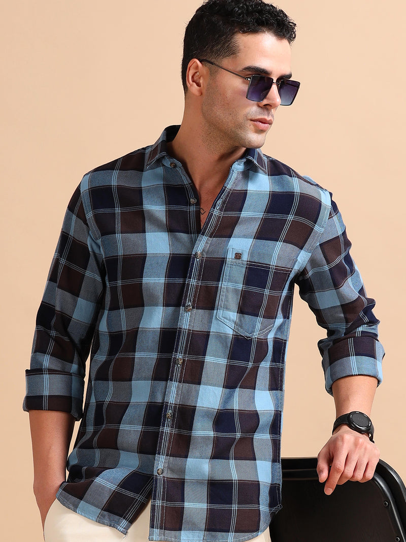 Men Blue Slim Fit Checks Full Sleeve Casual Shirt