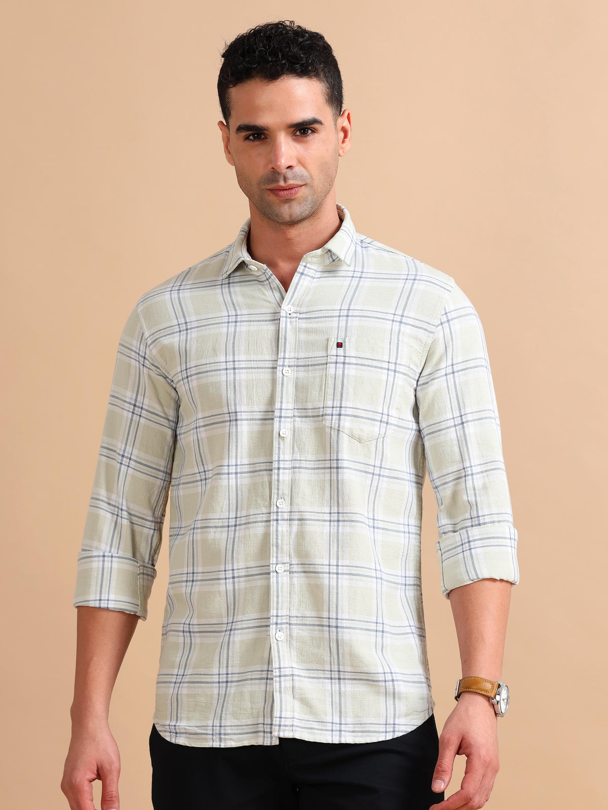 Men Light Green Slim Fit Checks Full Sleeve Casual Shirt