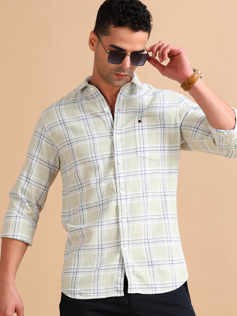 Men Light Green Slim Fit Checks Full Sleeve Casual Shirt