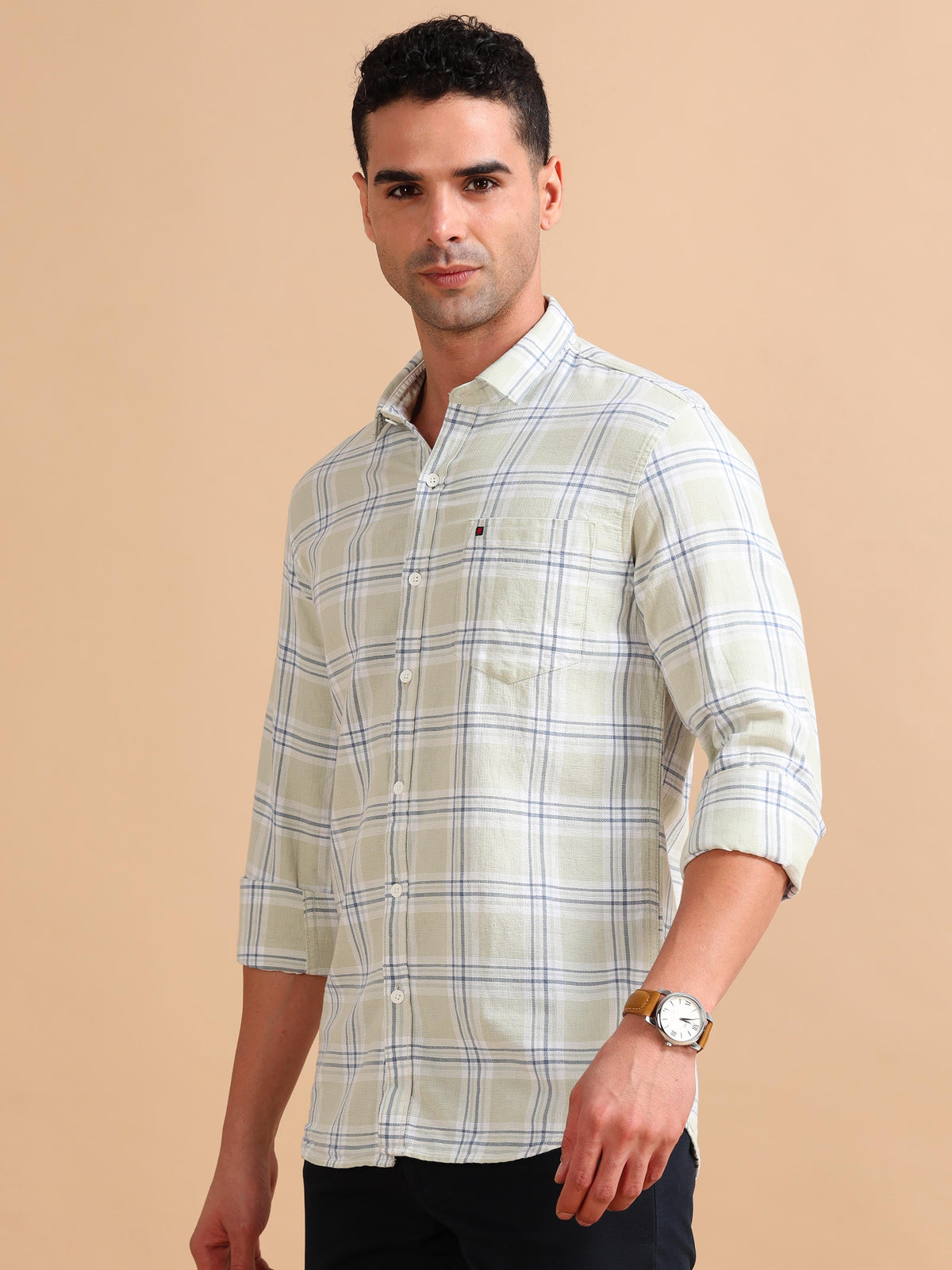 Men Light Green Slim Fit Checks Full Sleeve Casual Shirt