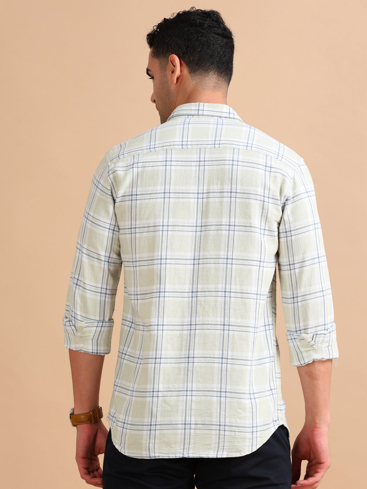 Men Light Green Slim Fit Checks Full Sleeve Casual Shirt