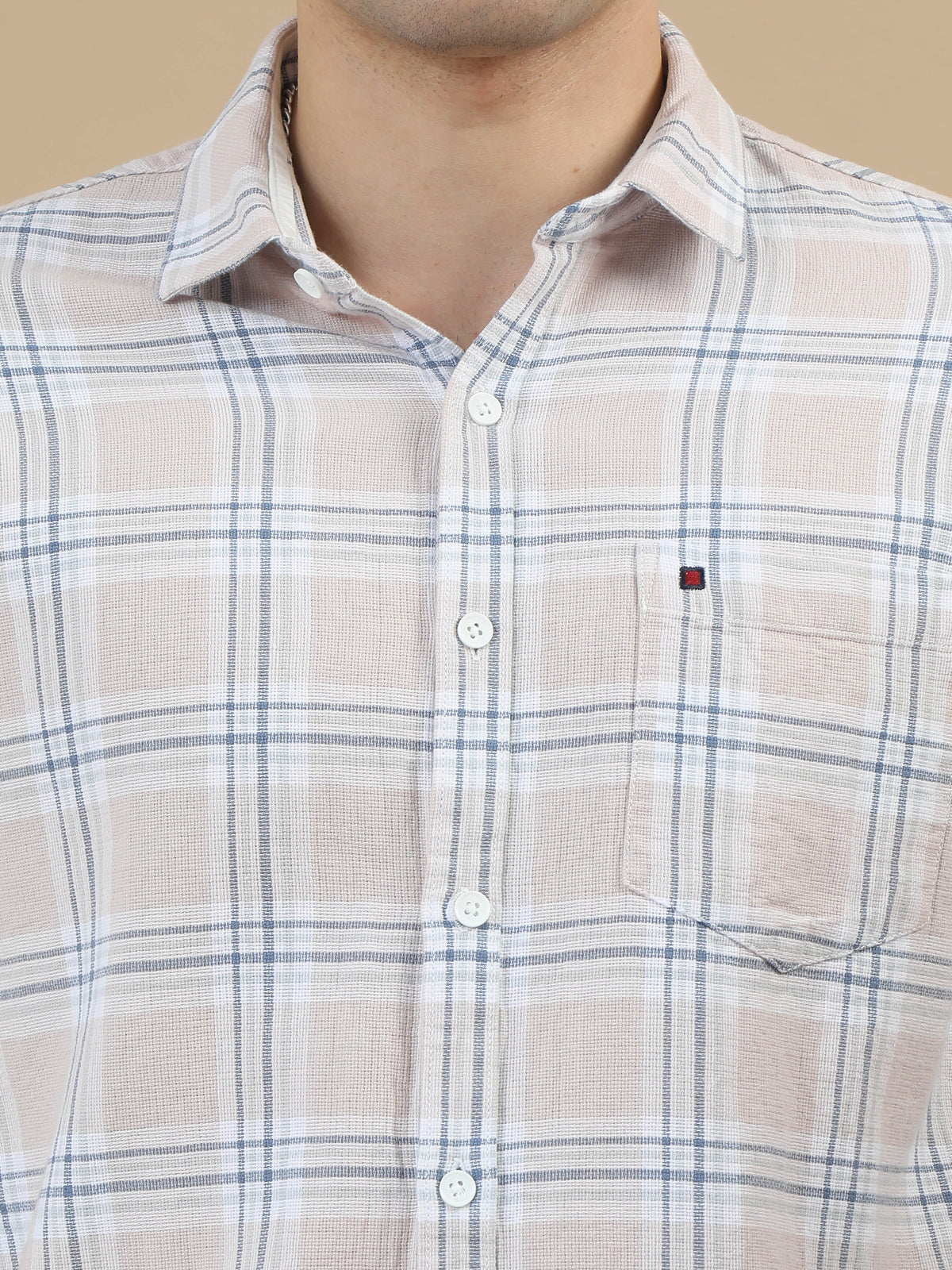 Men Light Pink Slim Fit Checks Full Sleeve Casual Shirt