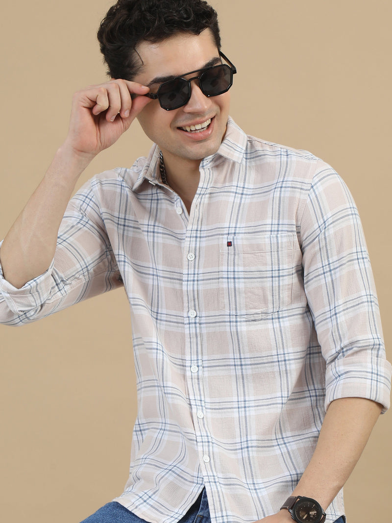 Men Light Pink Slim Fit Checks Full Sleeve Casual Shirt