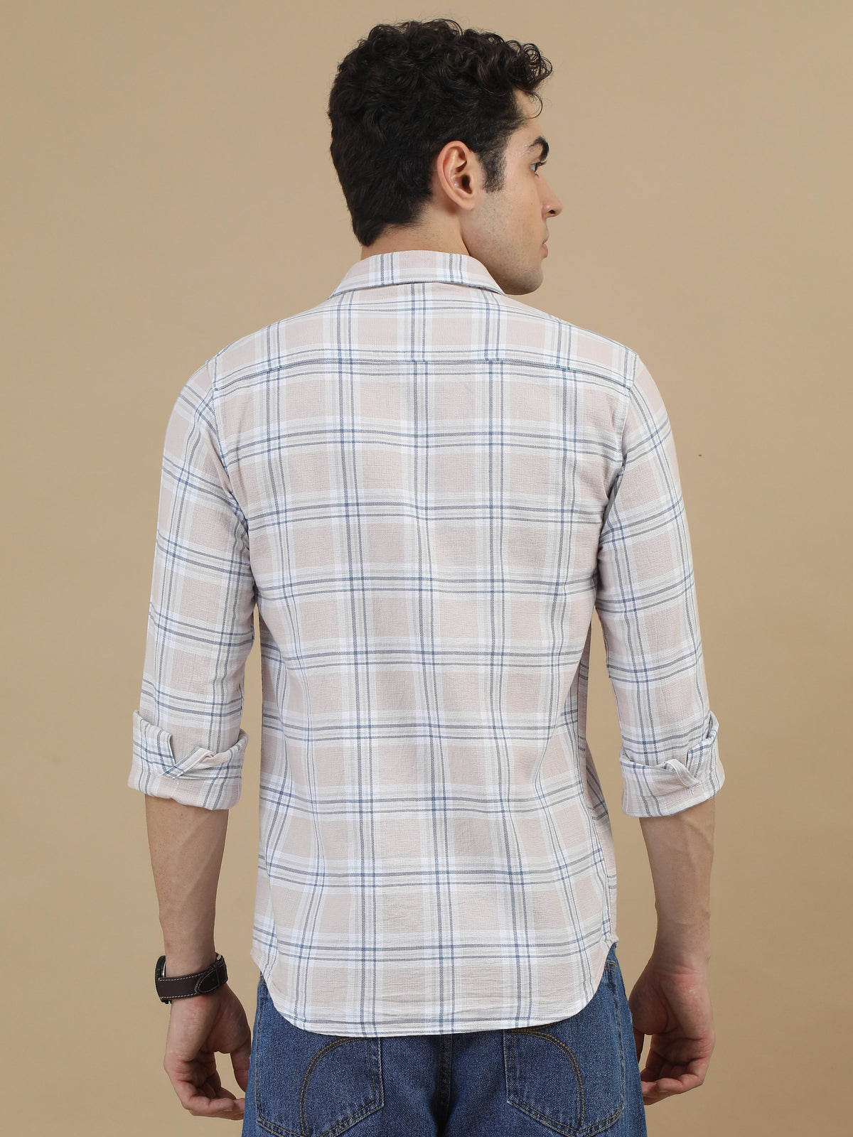 Men Light Pink Slim Fit Checks Full Sleeve Casual Shirt