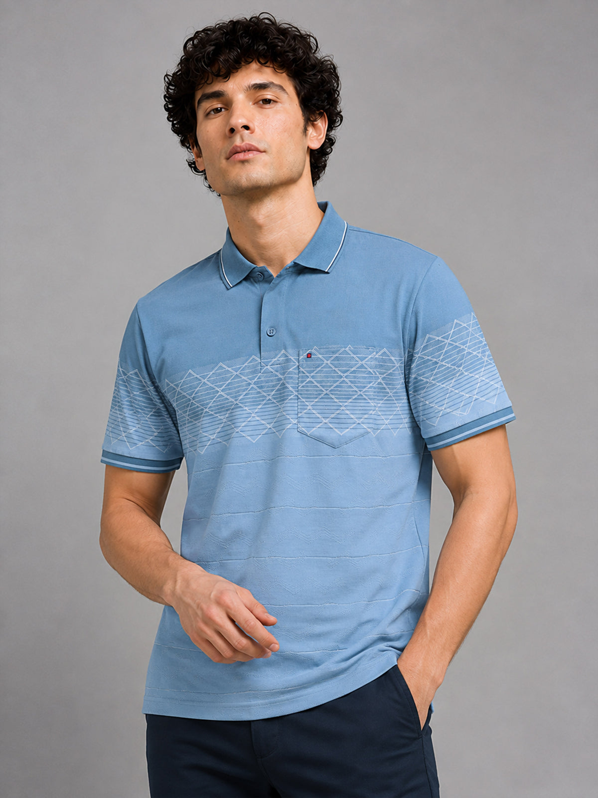 Men Blue Slim Fit Geometric Striped Polo Collar Casual T-Shirt