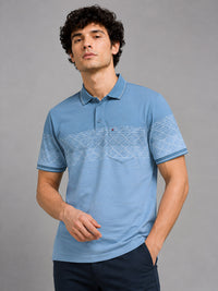 Men Blue Slim Fit Geometric Striped Polo Collar Casual T-Shirt with Chest Pocket