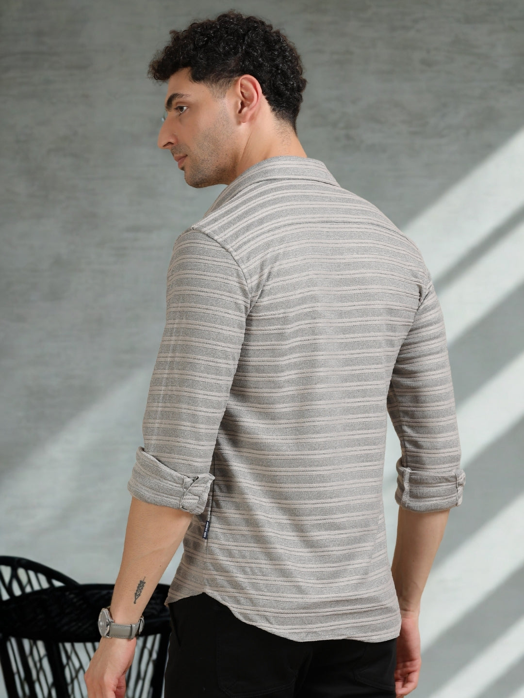 Men Grey Full Sleeve Cotton Knitted Casual Shirt