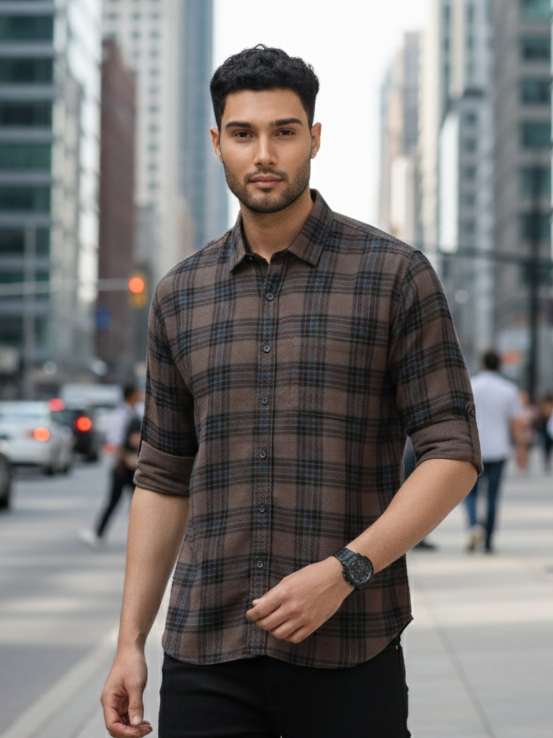 Men Navy Slim Fit Checks Full Sleeve Casual Shirt