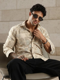 Brown Abstract Floral Print Slim Fit Full Sleeve Shirt