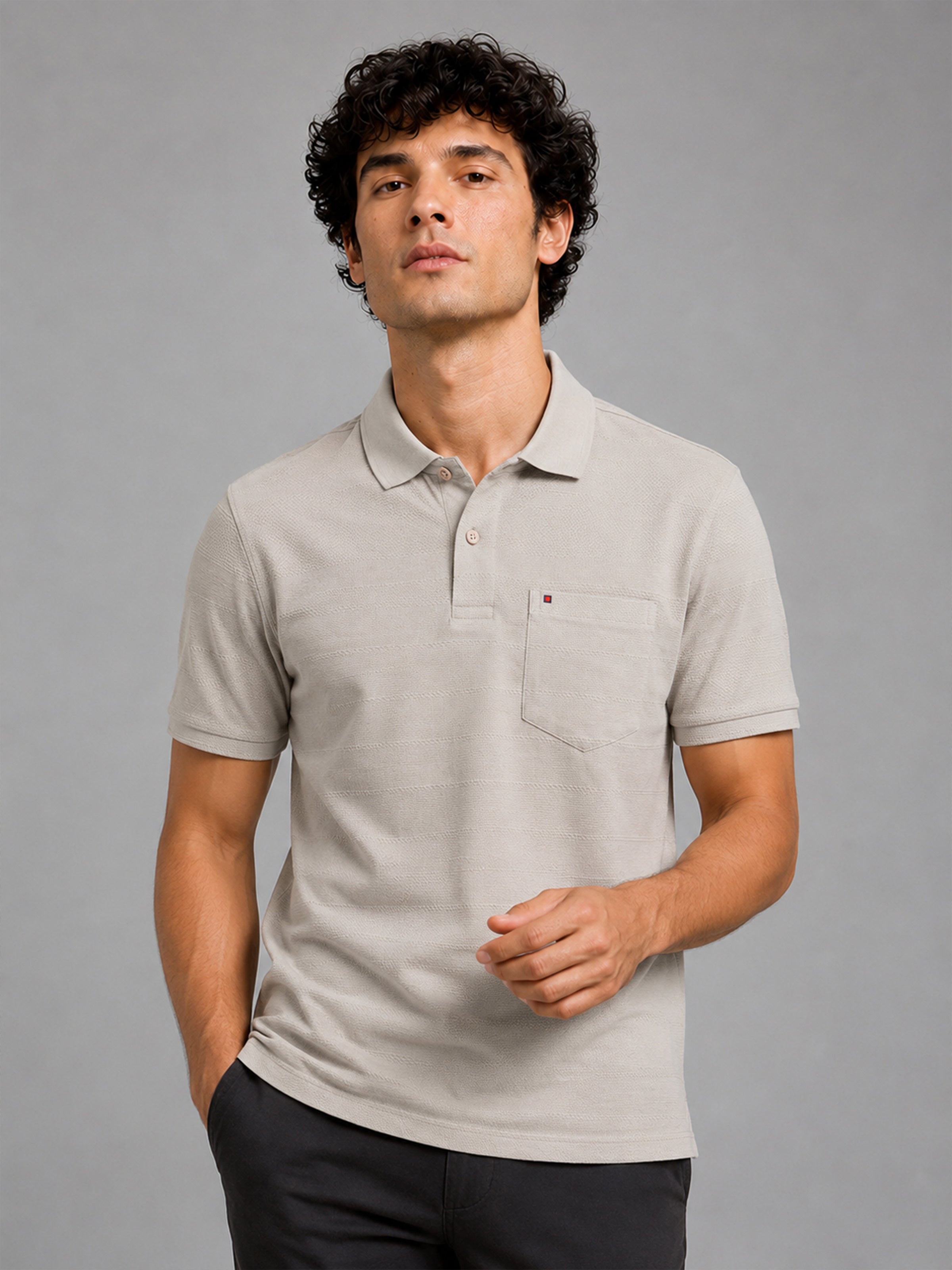 Men’s Beige Textured Knit Solid Casual Polo T‑Shirt.