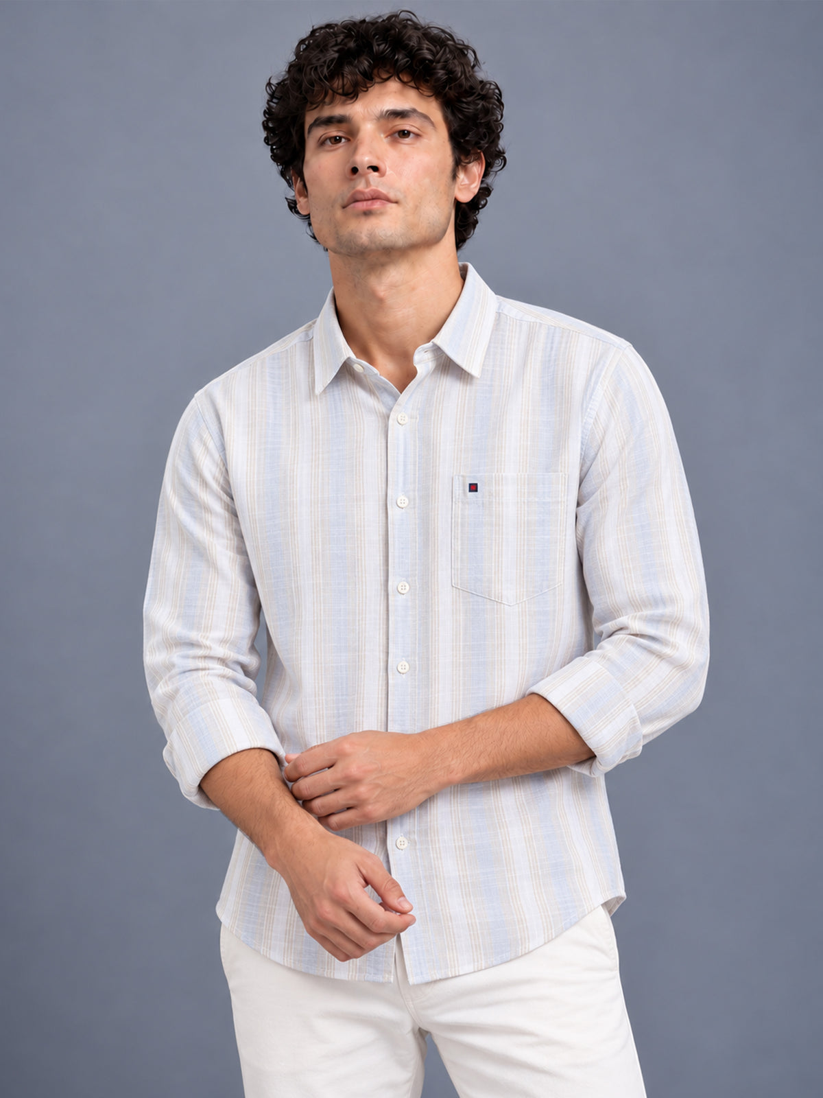 Men Light Grey Slim Fit Striped Casual Shirt