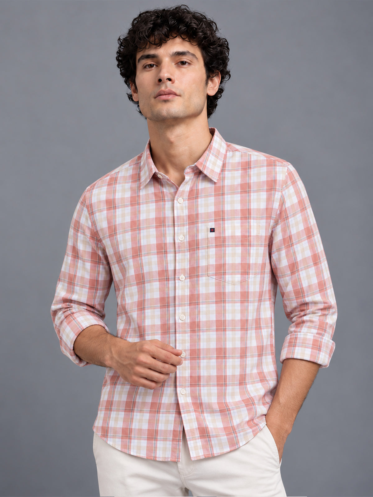 Men Peach Slim Fit Tartan checkered Casual Shirt