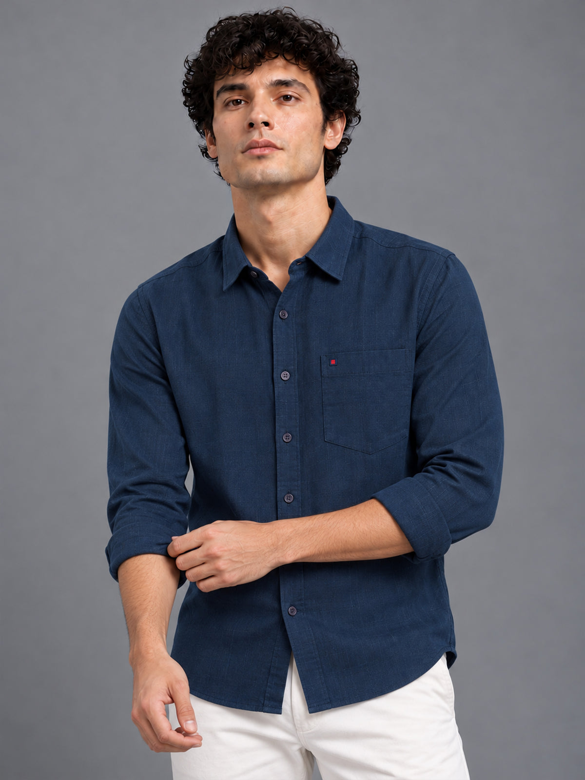 Men's Navy Linen Textured Slim Fit Solid Casual Shirt