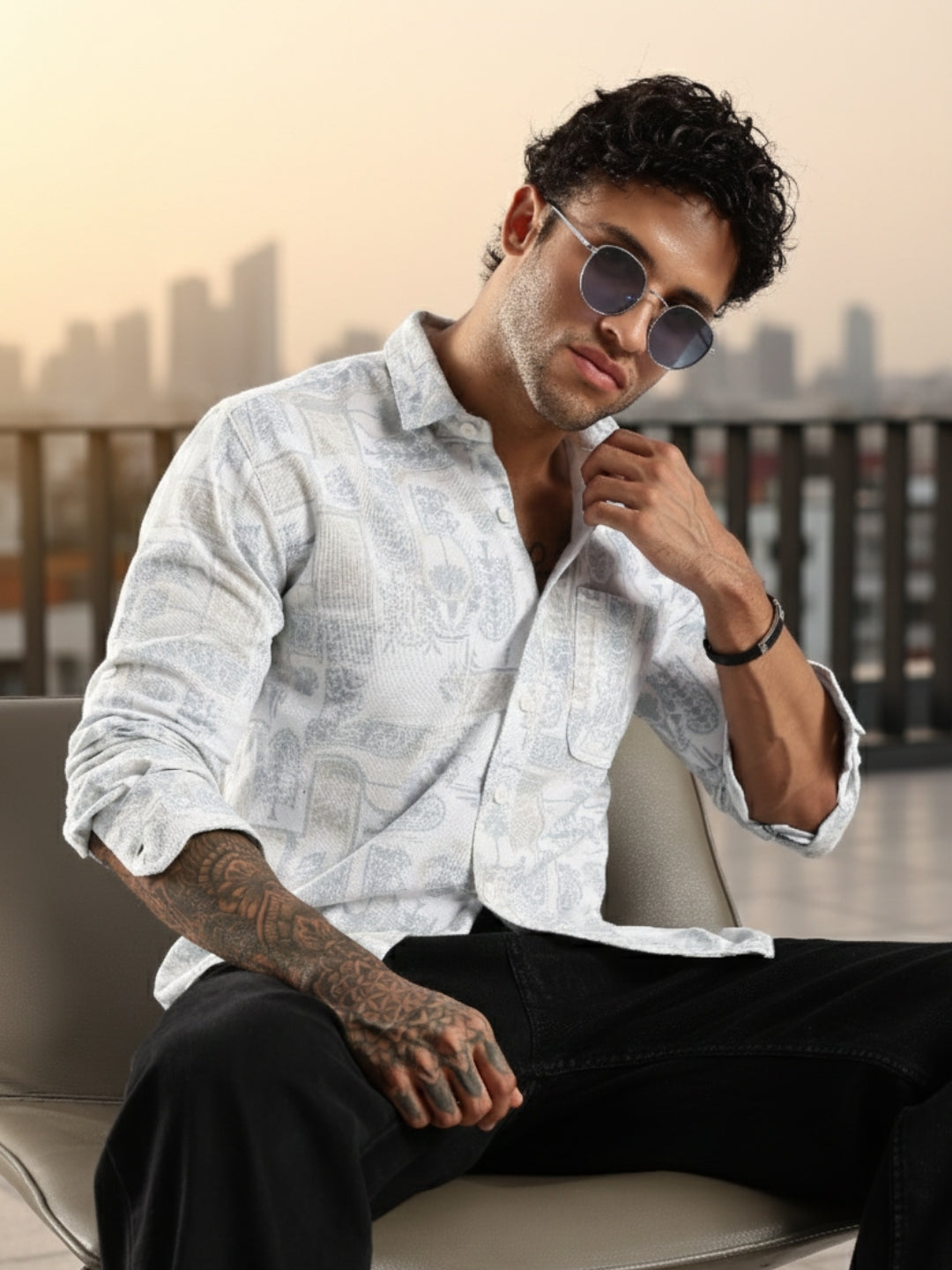 White Abstract Floral Print Slim Fit Full Sleeve Shirt