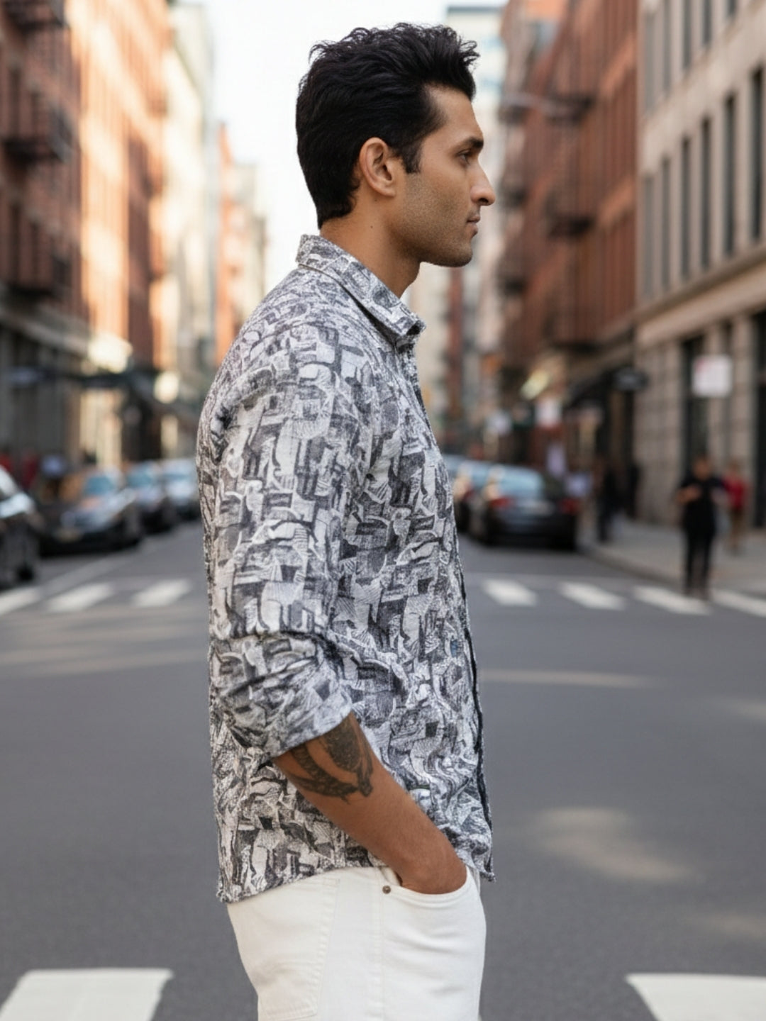Men Grey Printed Full Sleeve Slim Fit Casual Shirt