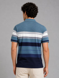 Men's Teal Blue Textured Knit Striped Short Sleeves casual Polo T-Shirt
