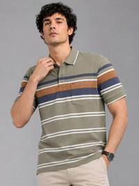 Men’s Olive Slim Fit Textured Striped Short Sleeves Casual Polo T-Shirt