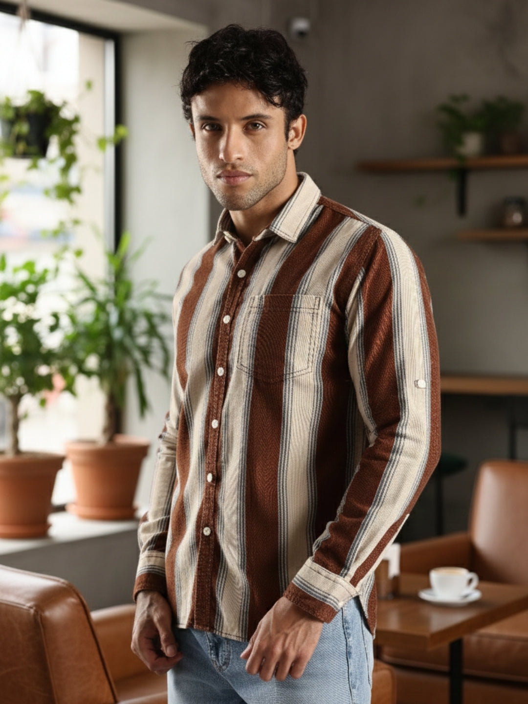 Brown Roman Stripes Slim Fit Full Sleeve Casual Shirt