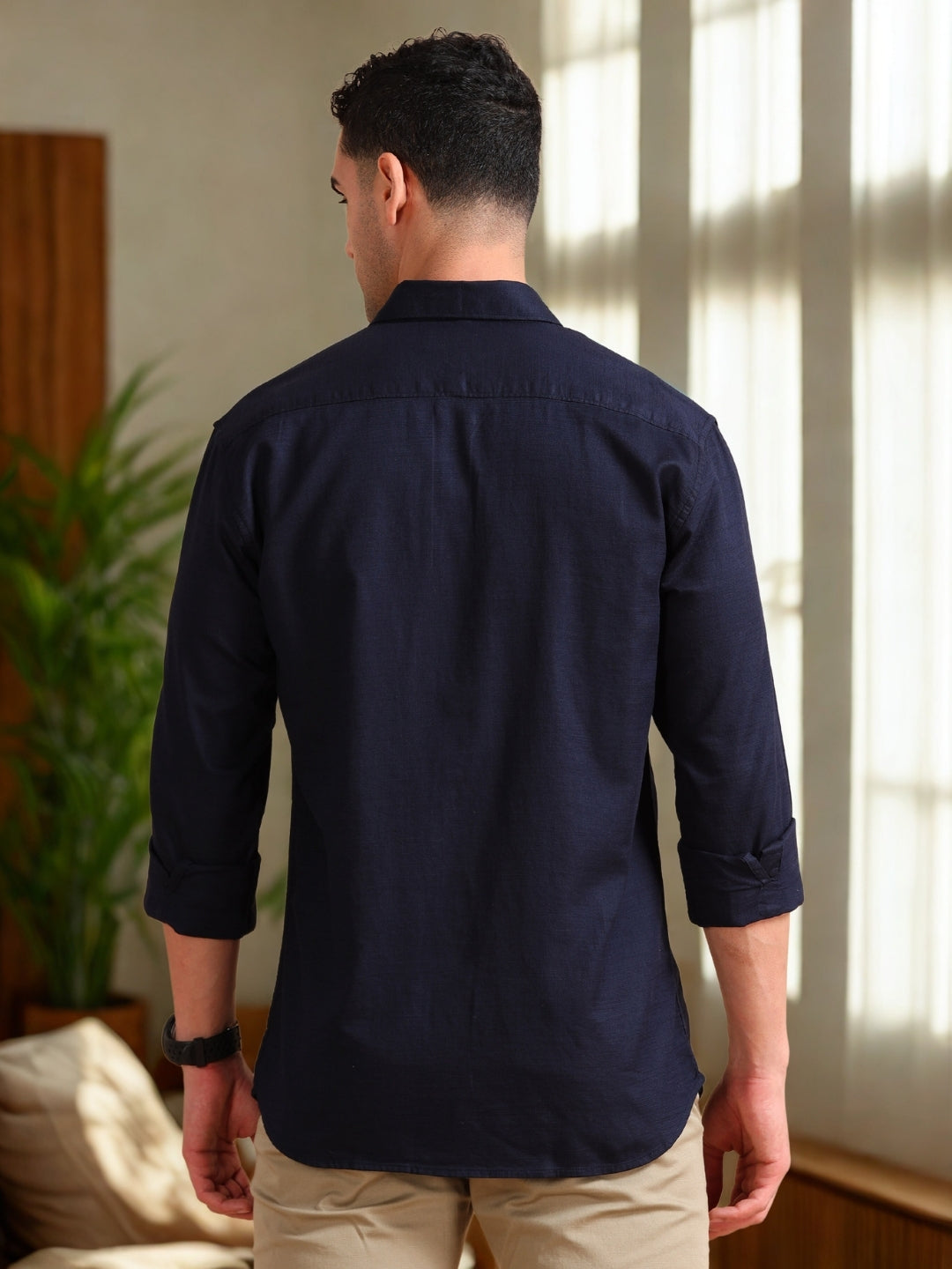 Men Navy Slim Fit Solid Full Sleeve Casual Shirt