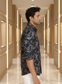 Men Black Floral Print Full Sleeve Slim Fit Casual Shirt