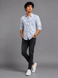 Men Blue Slim Fit Printed Full Sleeve Casual Shirt