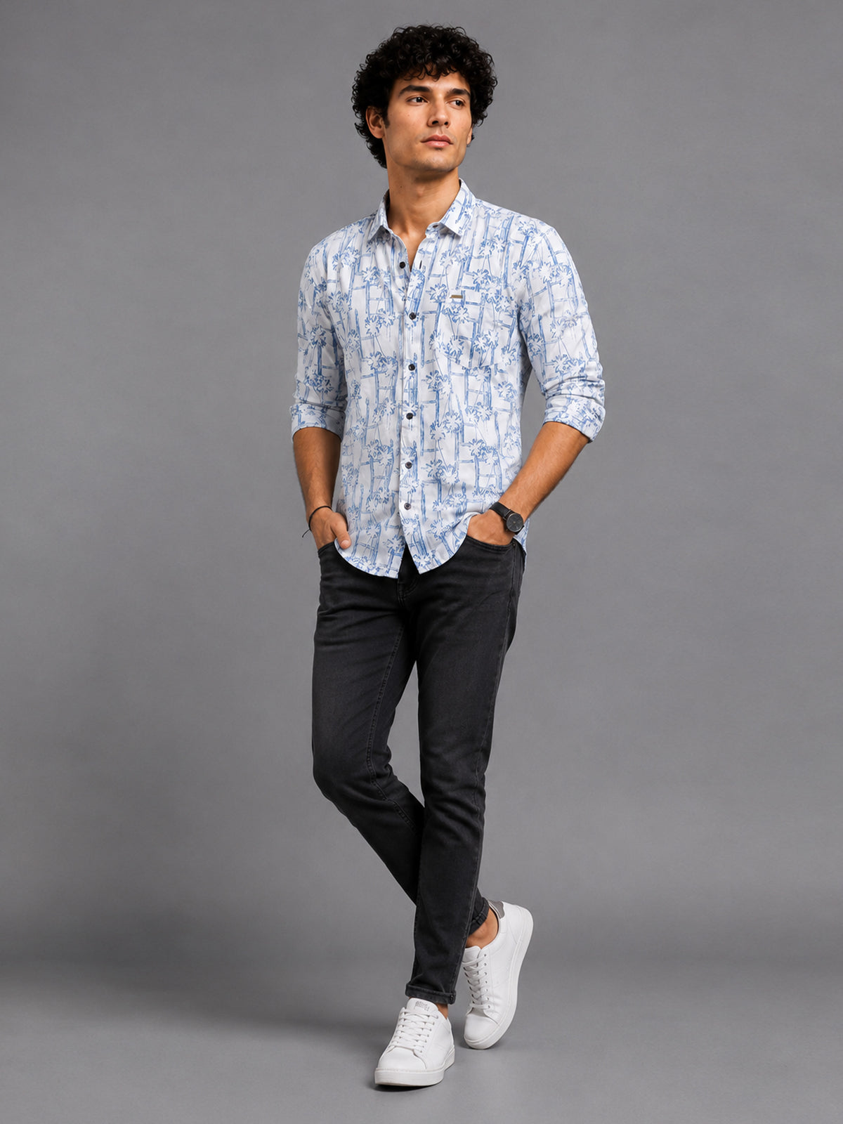 Men Blue Slim Fit Printed Full Sleeve Casual Shirt