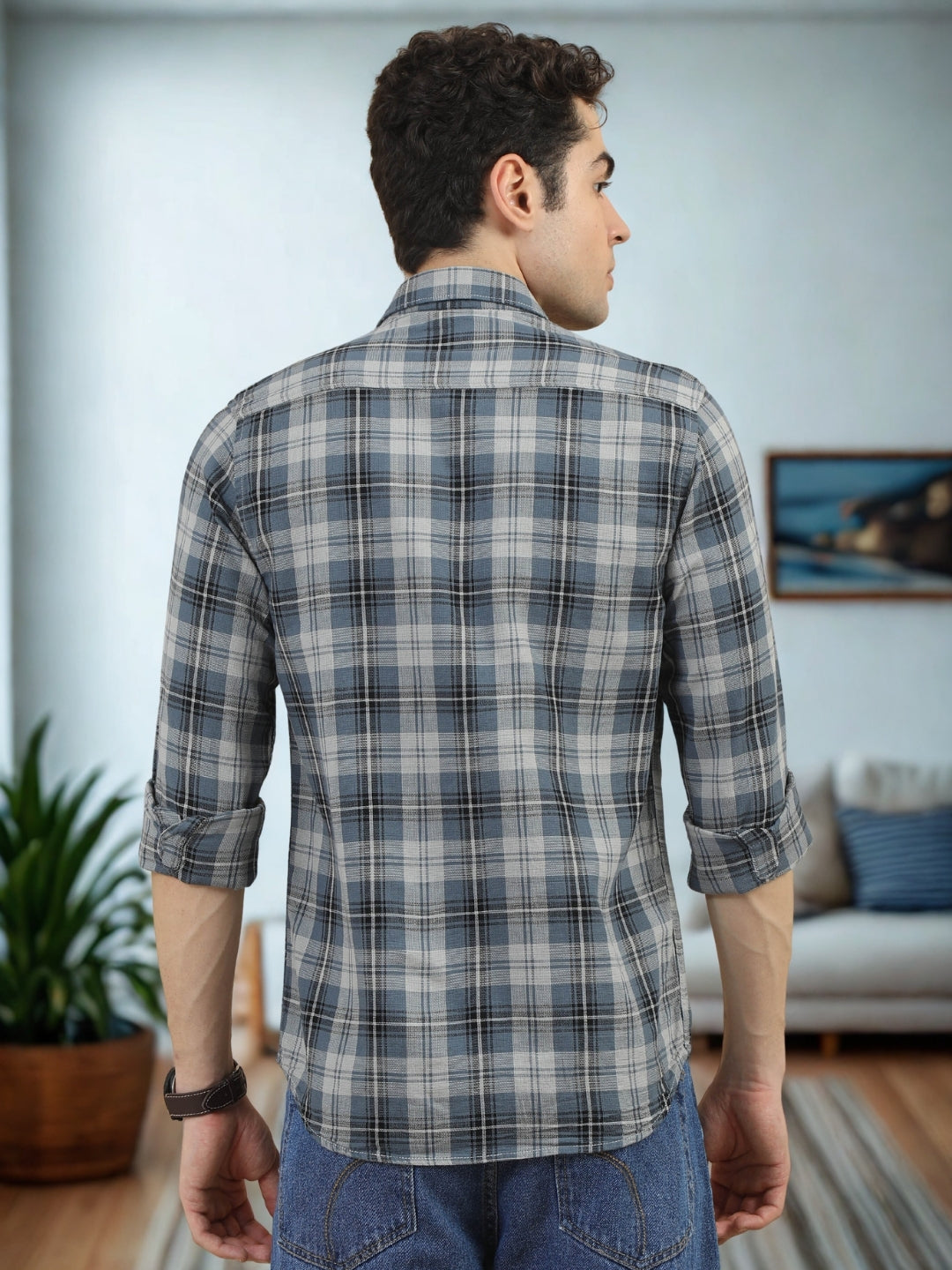Men Grey Slim Fit Checks Full Sleeve Casual Shirt