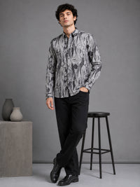 Men Grey Slim Fit Abstract Printed Full Sleeve Casual Shirt
