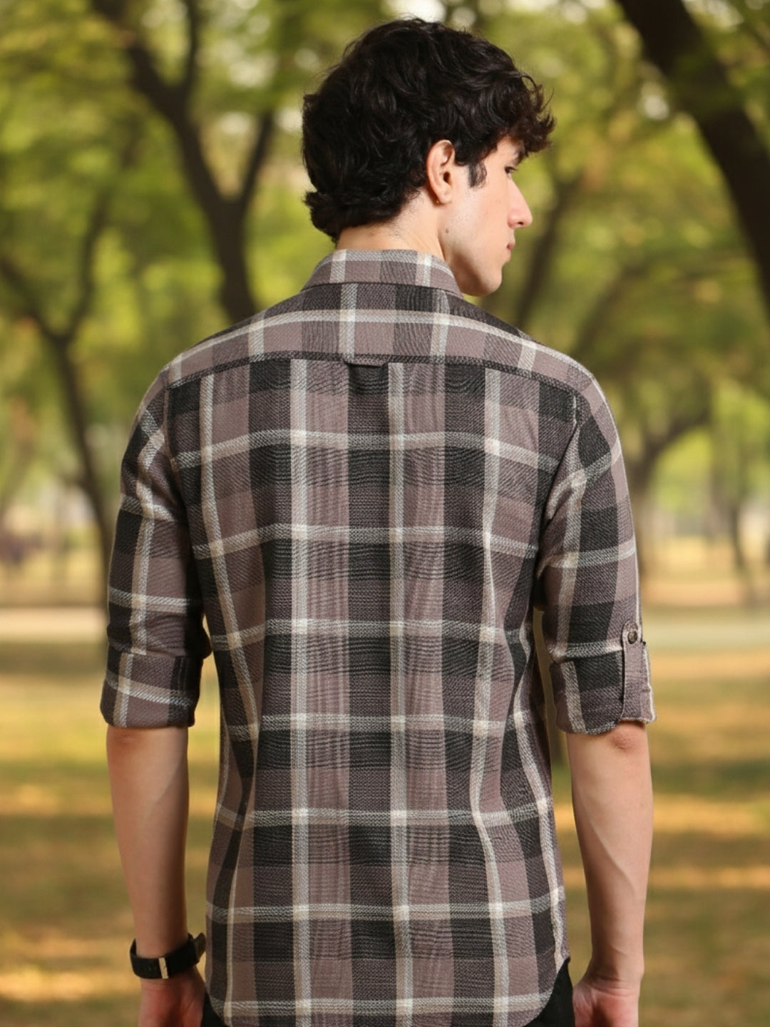 Men Grey Slim Fit Checks Full Sleeve Casual Shirt