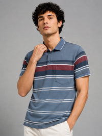 Men’s Blue Slim Fit Textured Striped Short Sleeves Casual Polo T-Shirt