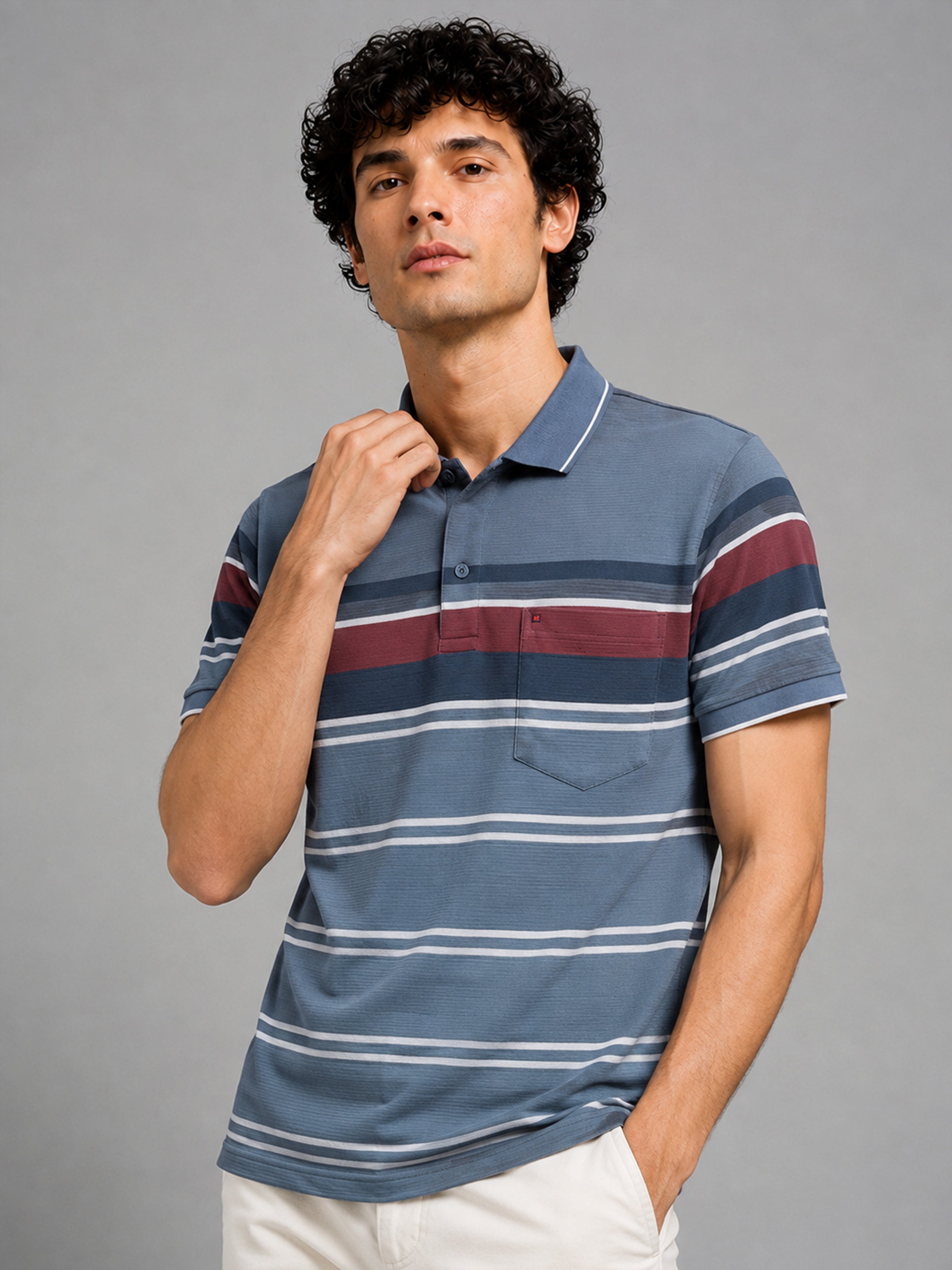 Men’s Blue Slim Fit Textured Striped Short Sleeves Casual Polo T-Shirt