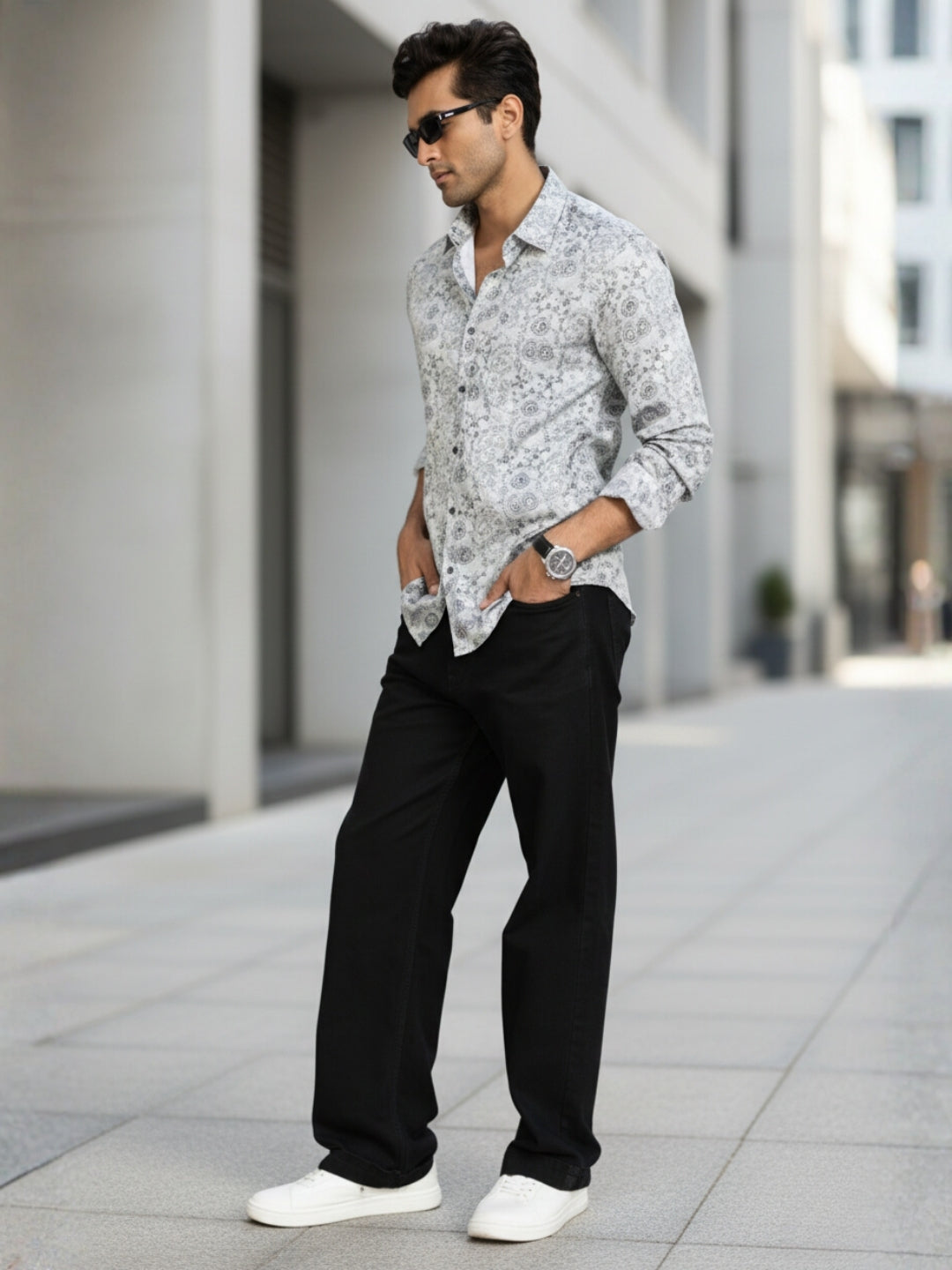 Men White Floral Print Full Sleeve Slim Fit Casual Shirts