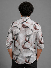 Men Light Brown Slim Fit Artistic Abstract Print Full Sleeve Casual Shirt