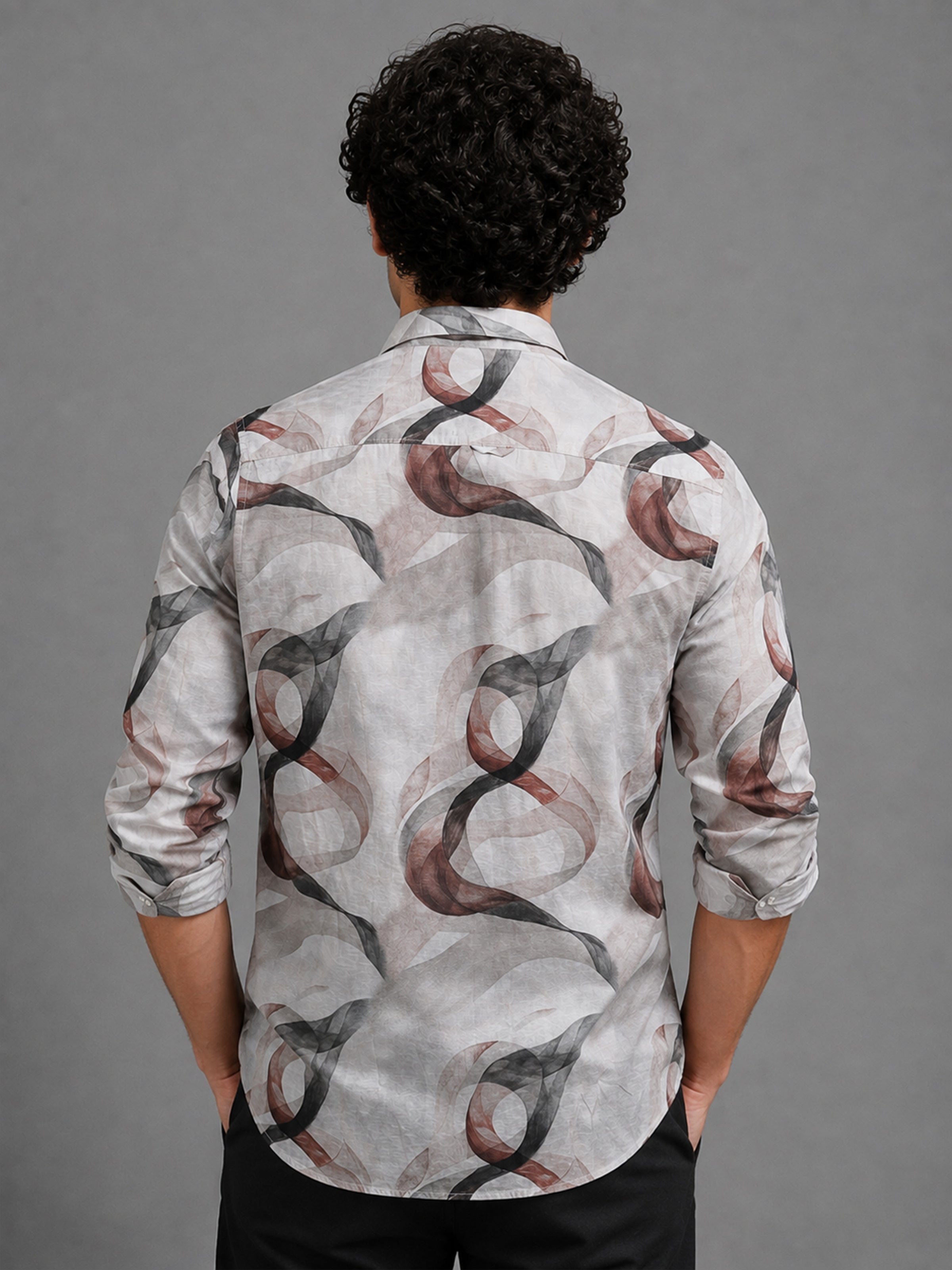Men Light Brown Slim Fit Artistic Abstract Print Full Sleeve Casual Shirt