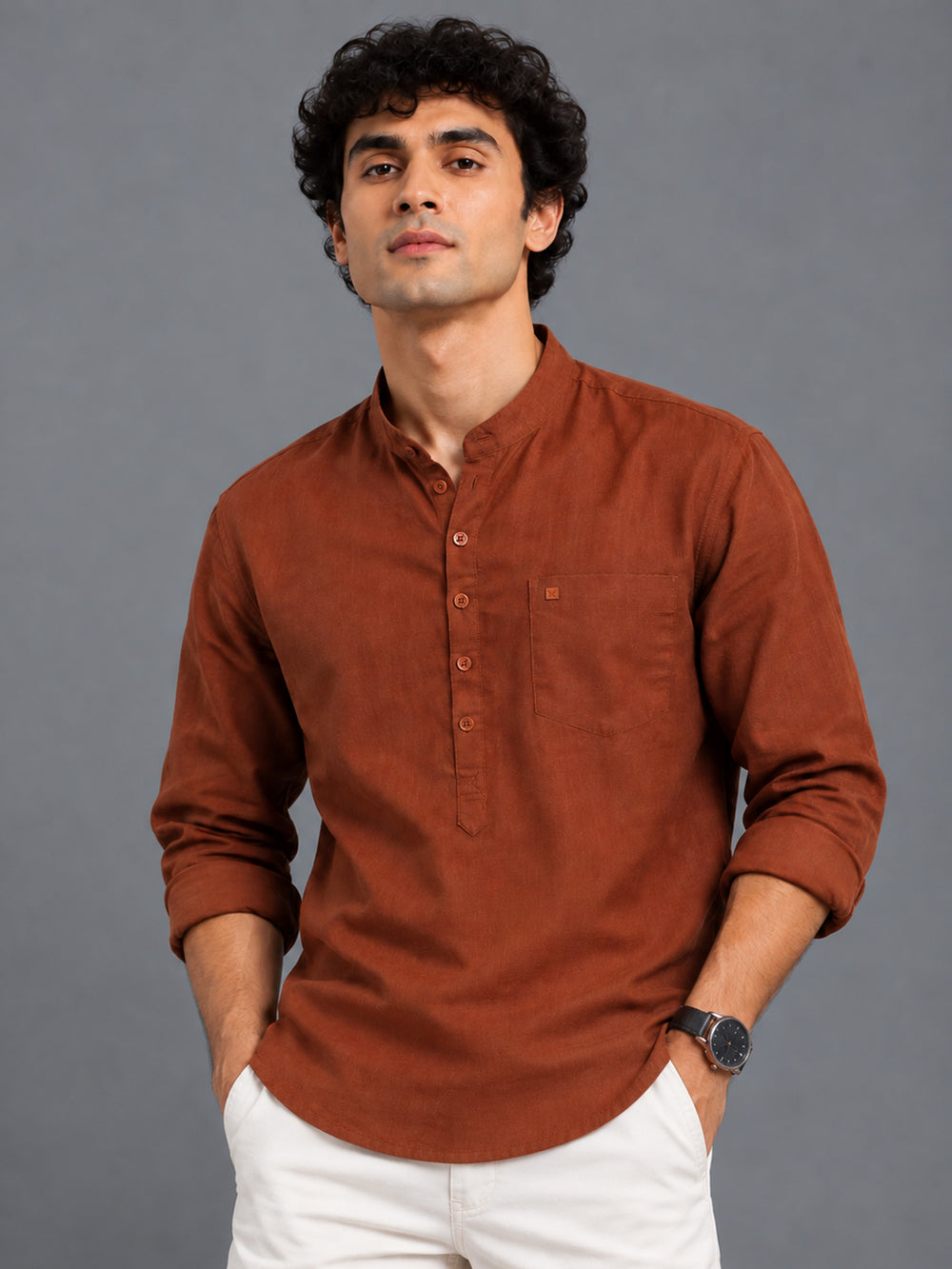 Men Brown Slim Fit Solid Linen Texture Casual Kurta Shirt