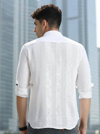 Men White Slim Fit Textured Full Sleeve Casual Shirt