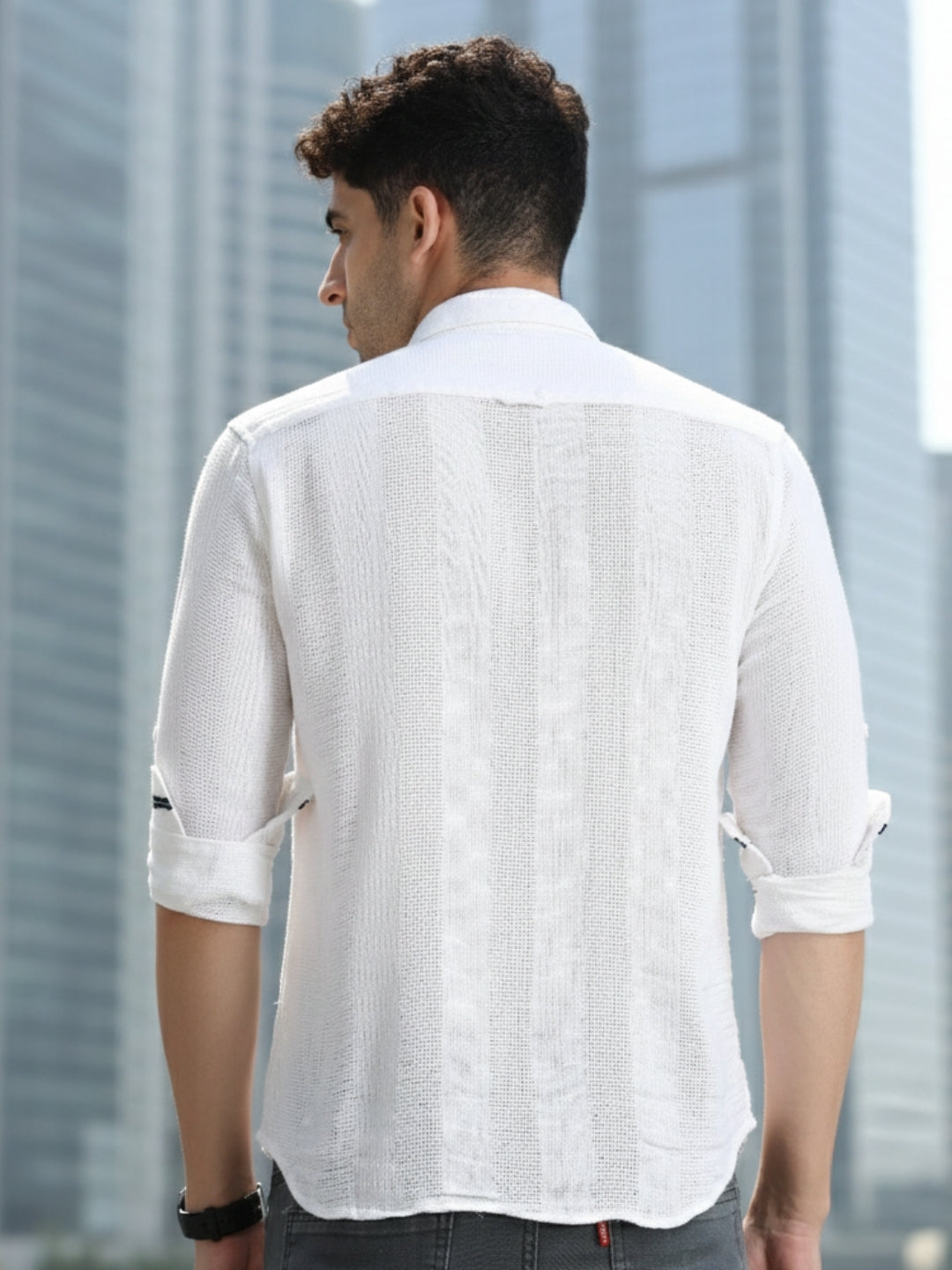 Men White Slim Fit Textured Full Sleeve Casual Shirt