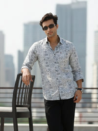 Men Grey Floral Print Full Sleeve Slim Fit Casual Shirts