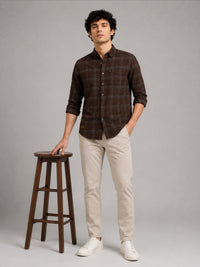 Men Dark Brown Slim Fit Windowpane Check Full Sleeve Casual Shirt