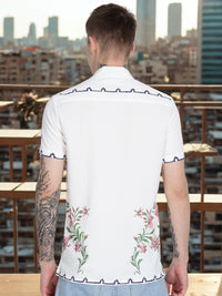 White Floral Print Slim Fit Half Sleeve Cuban Collar Shirt