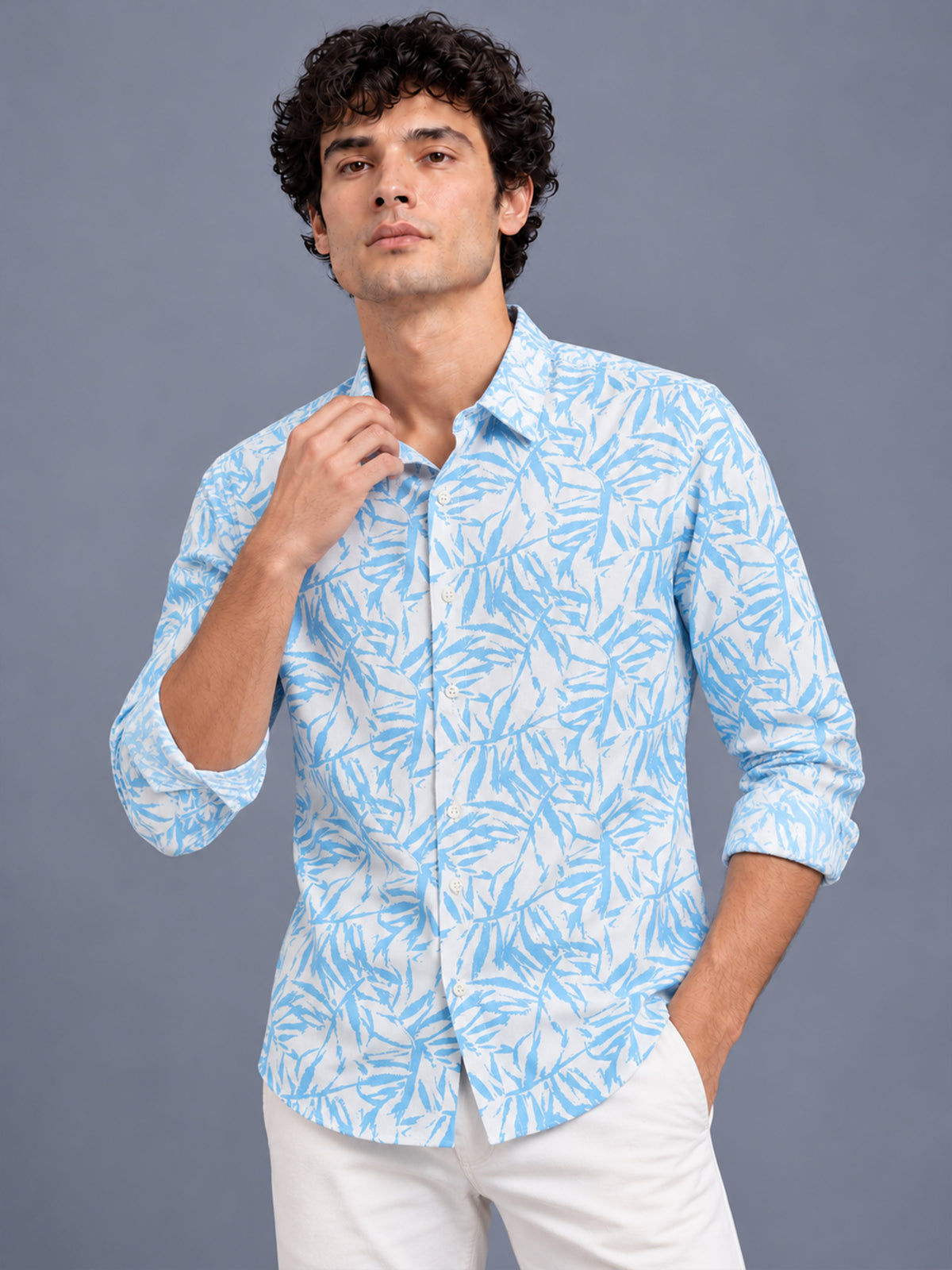 Men Blue Slim Fit Cotton Lycra Brushstroke Printed Casual Shirt