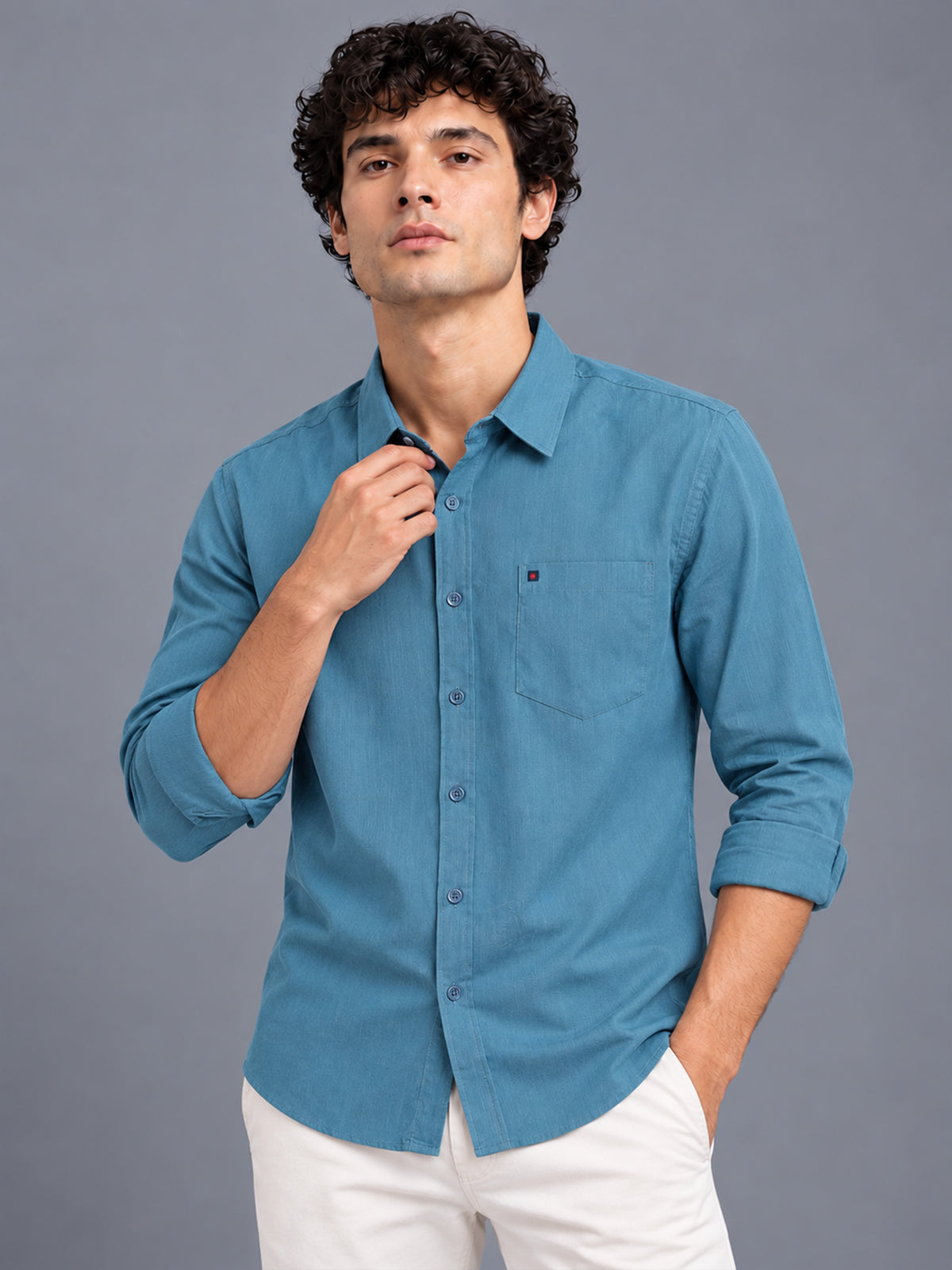 Men's Blue Linen Textured Slim Fit Solid Casual Shirt