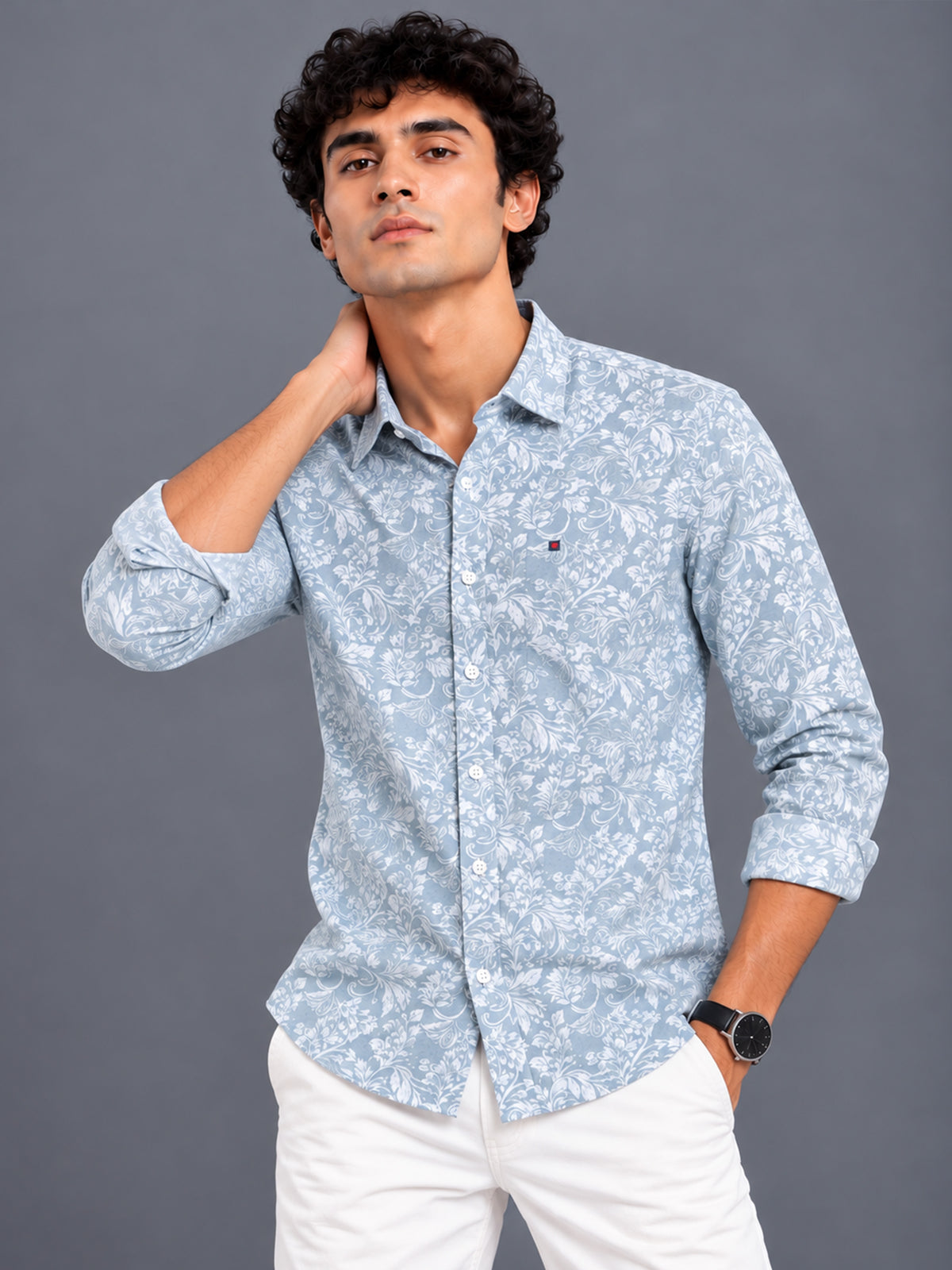 Men's Pista Green Slim Fit Floral Printed Casual Shirt