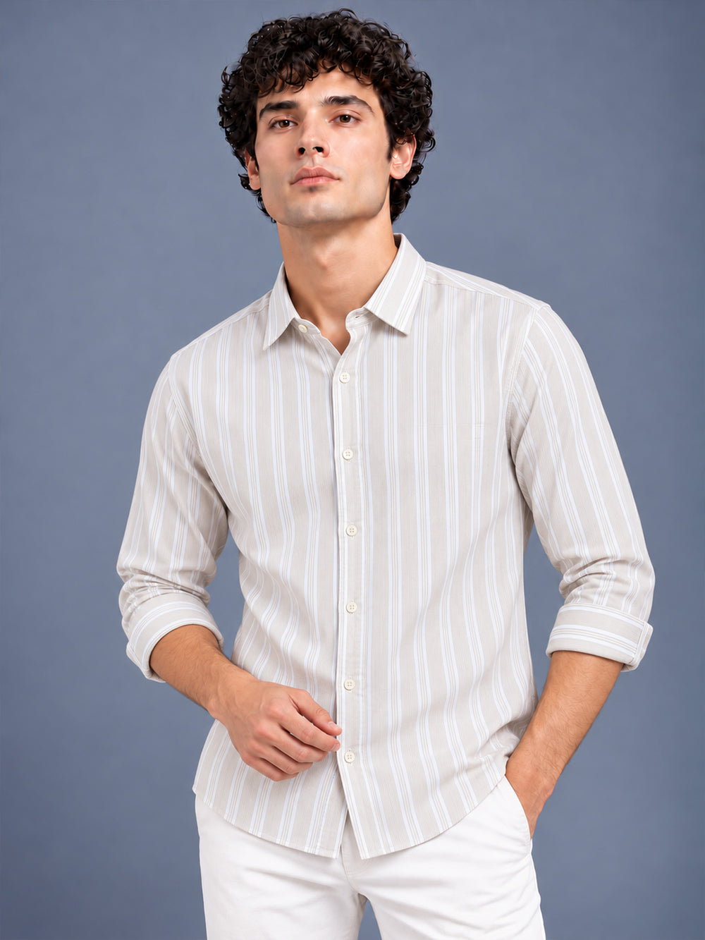 Men Beige Striped Cotton Lycra Slim Fit Casual Shirt