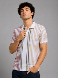 Men Red Slim Fit Striped Polo Collar Casual T-Shirt with Chest Pocket