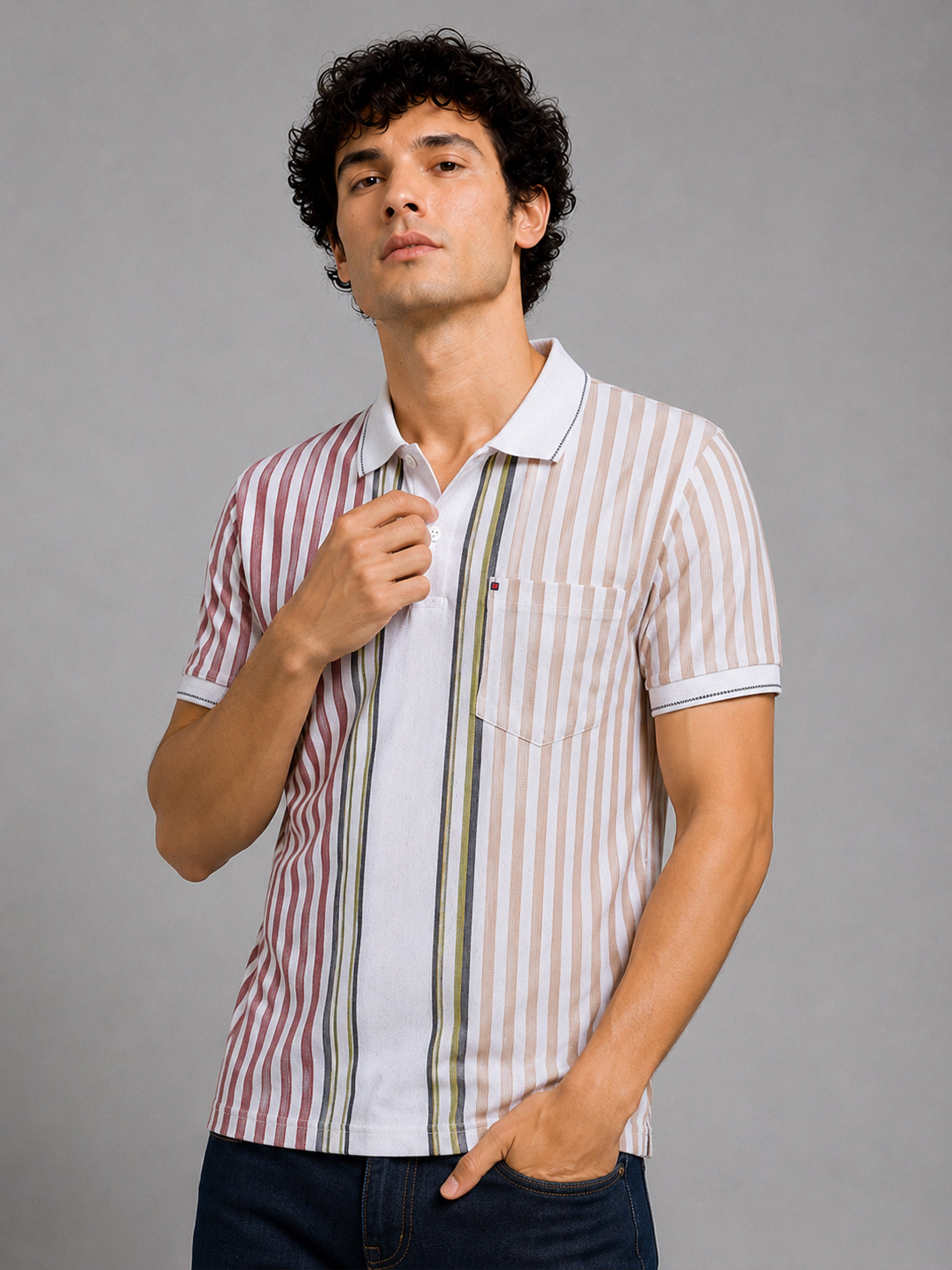 Men Red Slim Fit Striped Polo Collar Casual T-Shirt with Chest Pocket