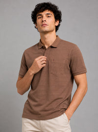 Men’s Brown Textured Knit Solid Casual Polo T‑Shirt.