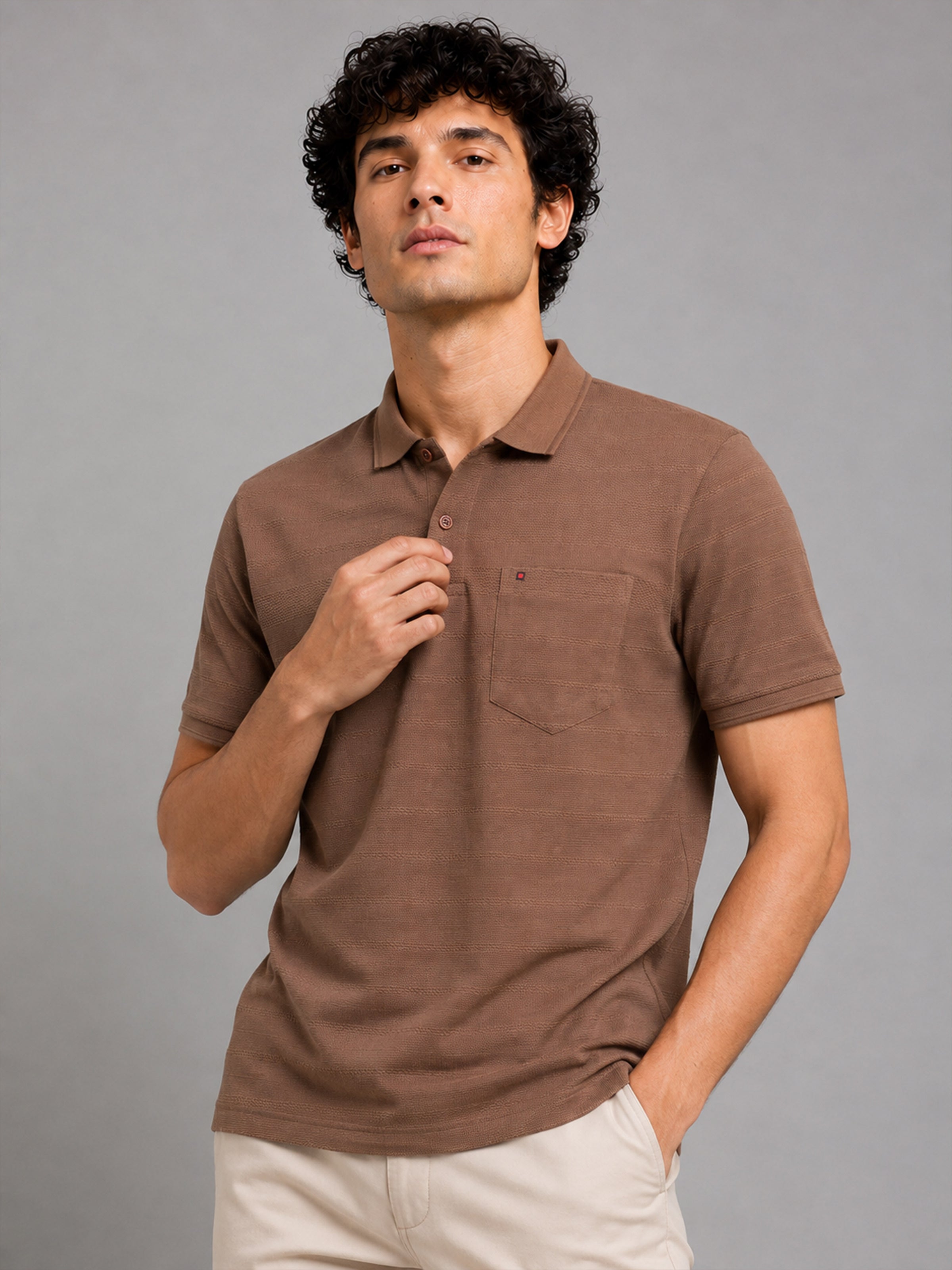 Men’s Brown Textured Knit Solid Casual Polo T‑Shirt.