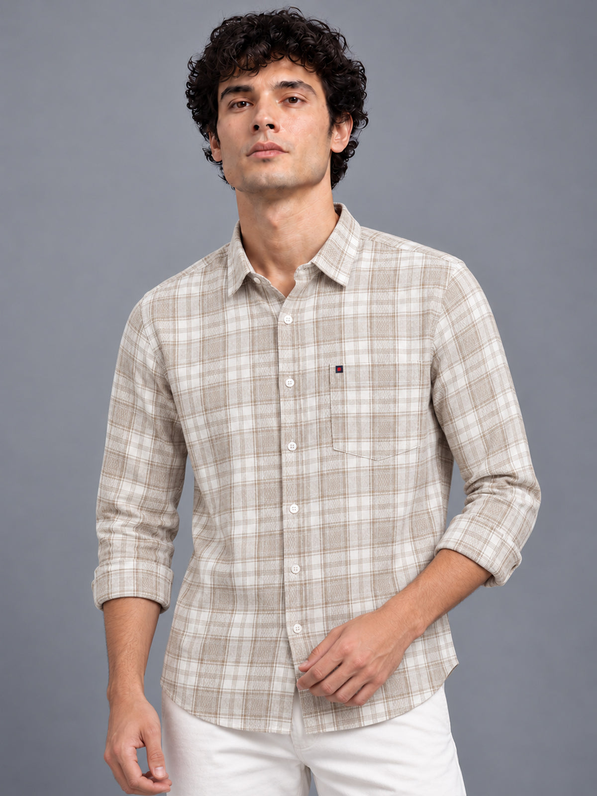Men’s Beige Windowpane Checked Slim Fit Casual Shirt